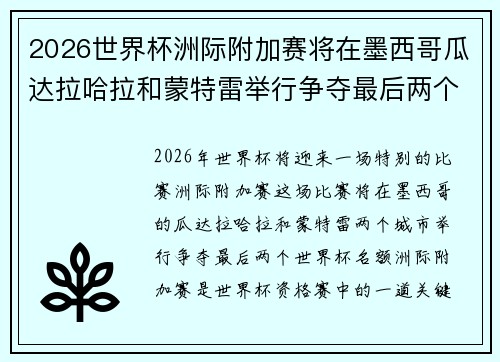 2026世界杯洲际附加赛将在墨西哥瓜达拉哈拉和蒙特雷举行争夺最后两个名额 2026世界杯洲际附加赛将在墨西哥瓜达拉哈拉和蒙特雷举行争夺最后两个名额