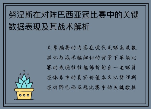 努涅斯在对阵巴西亚冠比赛中的关键数据表现及其战术解析 努涅斯在对阵巴西亚冠比赛中的关键数据表现及其战术解析